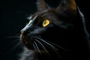 een zwart kat met geel ogen Aan een donker achtergrond generatief ai foto