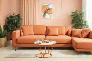 modern leven kamer ontwerp met comfortabel sofa en elegant decoratie foto