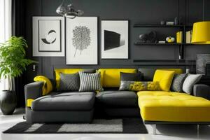 modern leven kamer ontwerp met comfortabel sofa en elegant decoratie foto