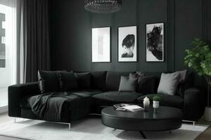 modern leven kamer ontwerp met comfortabel sofa en elegant decoratie foto