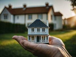 foto van dichtbij omhoog hand- Holding mini huis, generatief ai