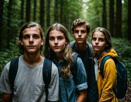 foto groep van tiener- net zo een backpacker in de donker hout, generatief ai