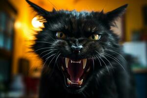 een dichtbij omhoog van een zwart kat met haar mond Open generatief ai foto
