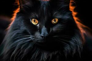 een dichtbij omhoog van een zwart kat met geel ogen generatief ai foto