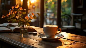 een kop van koffie met boek en pen Aan de houten tafel ai gegenereerd foto