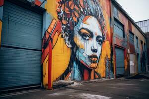 een kleurrijk muurschildering van een dames gezicht Aan de kant van een gebouw generatief ai foto