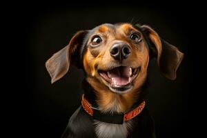 een hond met haar mond Open Aan een zwart achtergrond generatief ai foto