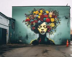 een muurschildering van een vrouw met bloemen in haar haar- Aan de kant van een gebouw generatief ai foto