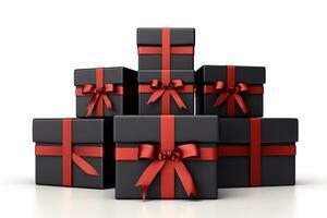 realistisch veel zwart geschenk doos met rood lint geïsoleerd Aan wit achtergrond. generatief ai foto