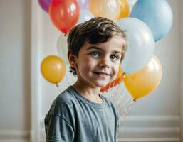 foto fotoshoot van kind met ballonnen Aan wit achtergrond, generatief ai