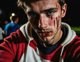 foto groep van woede boos tiener- college jongen vechten de andere met wond Aan gezicht, generatief ai