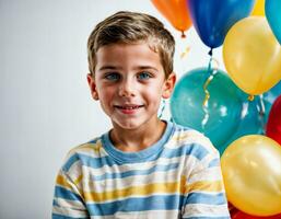 foto fotoshoot van kind met ballonnen Aan wit achtergrond, generatief ai