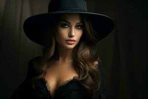 dramatisch donker studio portret van elegant en sexy jong vrouw in zwart breed hoed en zwart jurk. ai gegenereerd foto