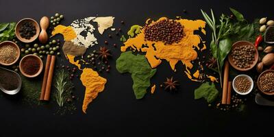 specerijen en kruiden in de omgeving van de wereld in de vorm van een wereld kaart Aan een donker achtergrond. top visie. creatief foto spandoek. ai gegenereerd