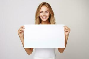 gelukkig jong vrouw Holding blanco wit banier teken, geïsoleerd studio portret . ai gegenereerd foto