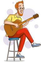 illustratie van een jong Mens spelen een akoestisch gitaar terwijl zittend Aan een stoel foto