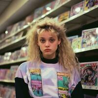 generatief ai, tiener portret in stijl 90s of jaren 80, retro mode, wijnoogst kleuren foto