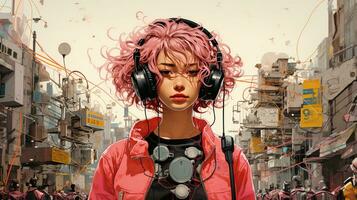 generatief ai, persoon in bril, cyberpunk anime stijl. licht geel en roze kleuren, virtueel realiteit concept foto