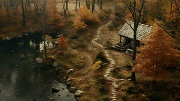 generatief ai, herfst kleurrijk Woud mooi landschap in hipster wijnoogst retro stijl, gedempt neutrale kleuren. foto