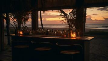 generatief ai, zomer zonsondergang strand bar achtergrond. buitenshuis restaurant, LED licht kaarsen en houten tafels, stoelen onder mooi zonsondergang lucht, zee visie. foto