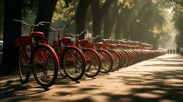 generatief ai, fiets sharing systeem, veel rood stad Fietsen geparkeerd. gezond ecologie stedelijk vervoer. foto