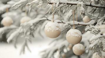 generatief ai, kerstmis en nieuw jaar ballen in de Spar boom takken, vakantie concept, feestelijk winter seizoen achtergrond foto