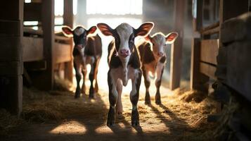 generatief ai, weinig kalveren op zoek Bij de camera Aan een boerderij, baby koeien foto