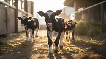 generatief ai, weinig kalveren op zoek Bij de camera Aan een boerderij, baby koeien foto
