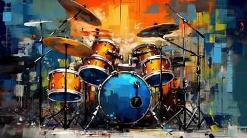 generatief ai, jazz- muziek- straat kunst met drums musical instrument silhouet. inkt kleurrijk graffiti kunst Aan een getextureerde muur, canvas achtergrond foto