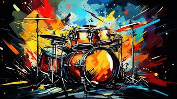 generatief ai, jazz- muziek- straat kunst met drums musical instrument silhouet. inkt kleurrijk graffiti kunst Aan een getextureerde muur, canvas achtergrond foto