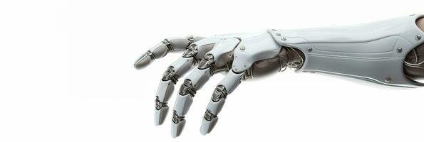 cyborg hand- vinger wijzend, technologie van kunstmatig intelligentie. staal futuristische arm, type van bionisch arm met vergelijkbaar functies naar een menselijk arm geïsoleerd Aan wit. met kopiëren ruimte. ai gegenereerd foto