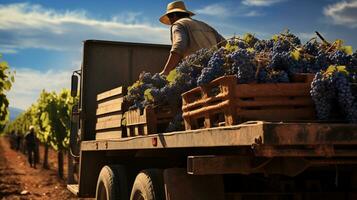 generatief ai, vers druiven in een vrachtwagen, druif oogst Bij een wijngaard foto
