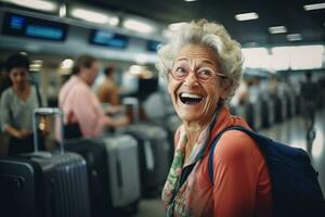 heel gelukkig oud vrouw Bij luchthaven terminal . ai gegenereerd foto