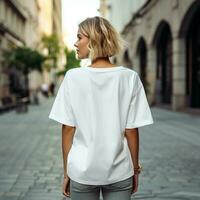 ai gegenereerd meisje model- vervelend blanco wit overmaats t - shirt. la straat. terug visie. modern stijl foto