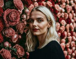 foto van mooi vrouw in blond haar- kleur met rood roos achtergrond, generatief ai