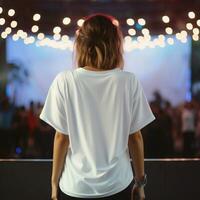 ai gegenereerd meisje model- vervelend wit overmaats t - shirt. muziek- concert visie. terug visie. modern stijl foto