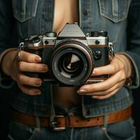 ai generatief hoog kwaliteit foto van vrouw hand- Holding spiegelloos camera