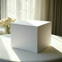 ai generatief blanco geschenk doos in wit kleur Aan de tafel, perfect naar creëren mockup voorbeeld foto