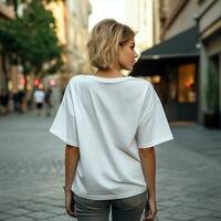 ai gegenereerd meisje model- vervelend blanco wit overmaats t - shirt. la straat. terug visie. modern stijl foto