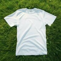 ai generatief hoog kwaliteit van blanco wit t-shirt Aan de groen gras, perfect voor mockup voorbeeld foto