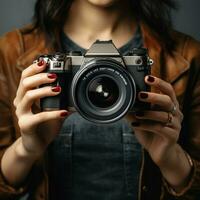 ai generatief hoog kwaliteit foto van vrouw hand- Holding spiegelloos camera