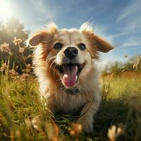 ai generatief hoog kwaliteit foto van een gelukkig hond spelen bal Aan de gras