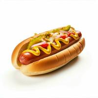 ai generatief hoog kwaliteit van 3d hotdog ontwerp in wit achtergrond foto