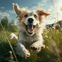 ai generatief hoog kwaliteit foto van een gelukkig hond spelen bal Aan de gras