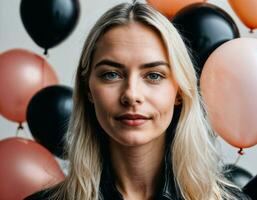 foto van mooi Europese vrouw met blond haar- kleur in zwart en wit ballonnen in achtergrond, generatief ai