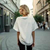 ai gegenereerd meisje model- vervelend blanco wit overmaats t - shirt. la straat. terug visie. modern stijl foto