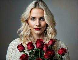 foto van mooi vrouw in blond haar- kleur met rood roos achtergrond, generatief ai