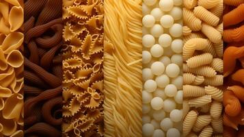 generatief ai, verscheidenheid van soorten, kleuren en vormen van Italiaans pasta, structuur achtergrond foto