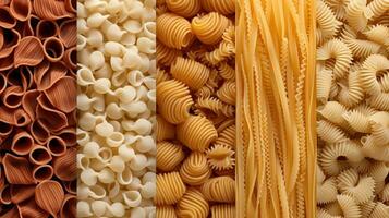 generatief ai, verscheidenheid van soorten, kleuren en vormen van Italiaans pasta, structuur achtergrond foto