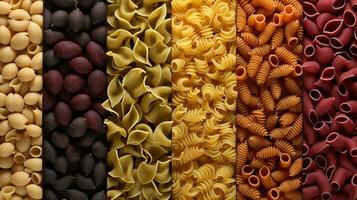 generatief ai, verscheidenheid van soorten, kleuren en vormen van Italiaans pasta, structuur achtergrond foto